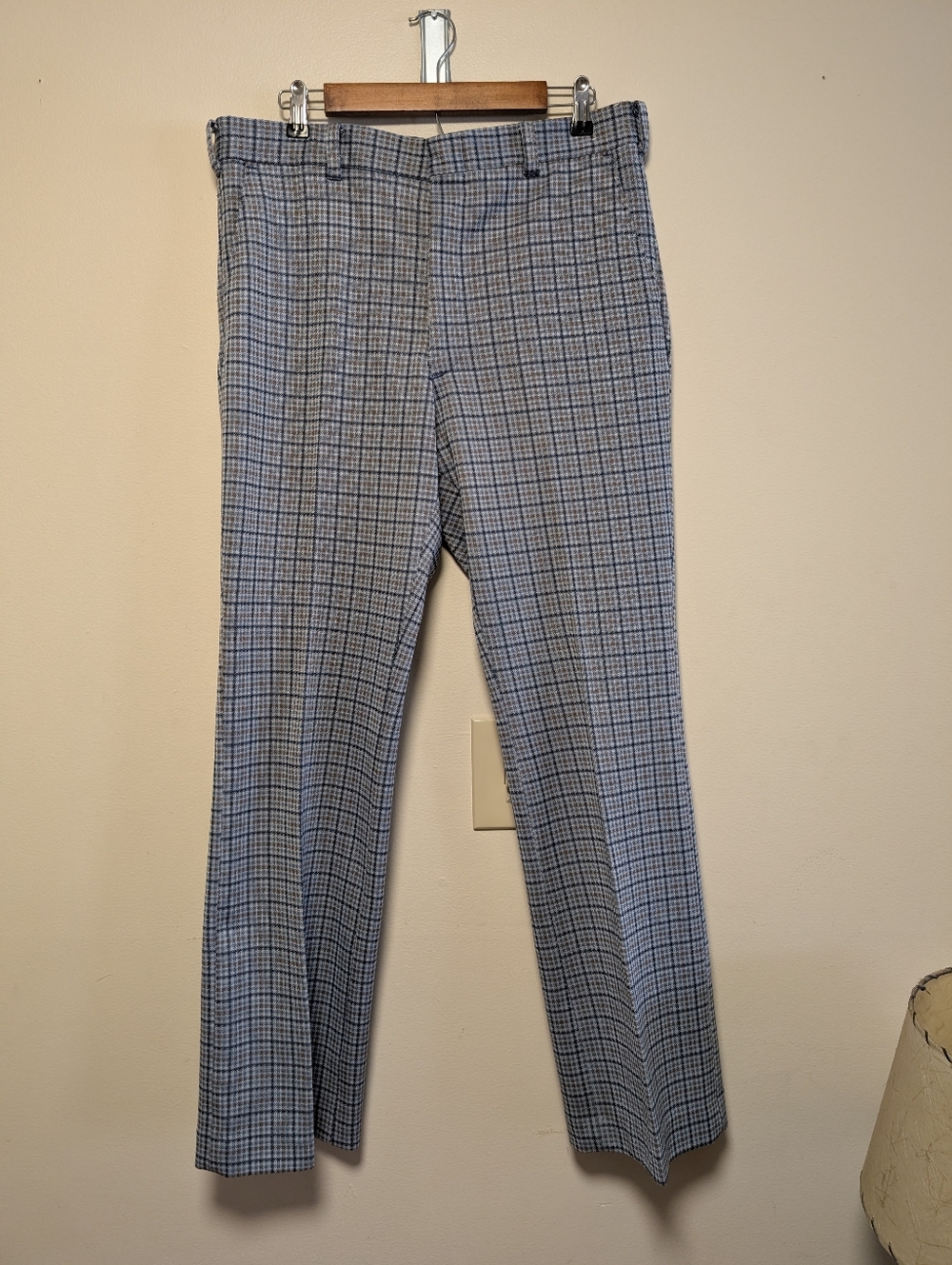 Vintage 70s Blue Plaid Flare Trousers Mens 33